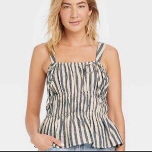 Universal Threads Striped Linen Top — Cream/Blue, Size M